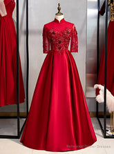 Burgundy Satin High Neck Short Sleeve Appliques Prom Dress